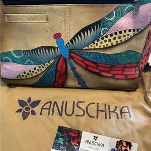 Anuschka Gold and Red Artistic Clutch with Dragonfly Design